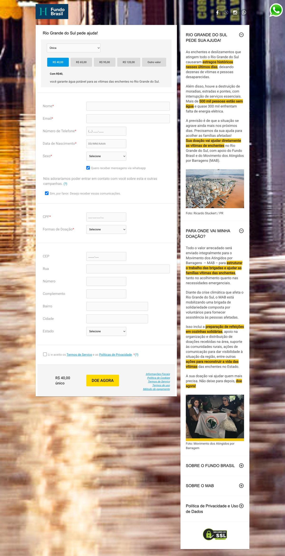 Ficha de doação da campanha RS pede ajuda, no ar